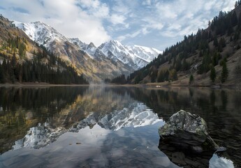 Serene Mountain Lake with Reflection in Almaty