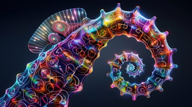 Abstract vibrant and colorful spiraling structure, digitally generated artistic design with intricate details on a dark background.