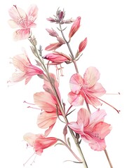 Watercolor Pink Gaura Isolated on White Background. Beautiful Gaura Flower