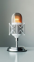Vintage microphone on stand against neutral background, capturing the essence of classic audio recording equipment.