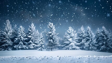 Naklejka premium Snowy Forest Night Landscape with Stars