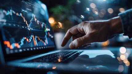 Fototapeta premium Analyzing Real Estate Market Trends Financial Advisor's Hands Pointing at Charts on Laptop Screen