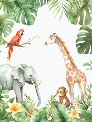 Watercolor frame background of african plants and animals with elephant, monkey and cockatoo