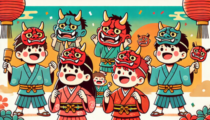 Children wearing oni masks for Setsubun with a colorful background