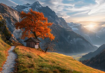 Autumnal Swiss Alps Landscape With Cabin And Tree