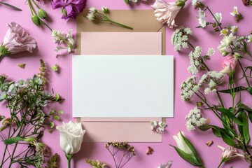 Obraz premium Feminine styled stock photo of a blank card surrounded by colorful flowers lying on a pink background
