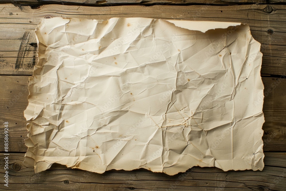 Poster crumpled paper is lying on a wooden surface, creating a textured and rustic background