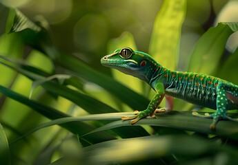 Fototapeta premium Vibrant Green Gecko on Emerald Leaf