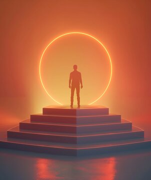 Silhouette of Person Standing on Illuminated Steps with Radiant Circle in Background &acirc;&euro;&ldquo; Surreal, Futuristic Scene