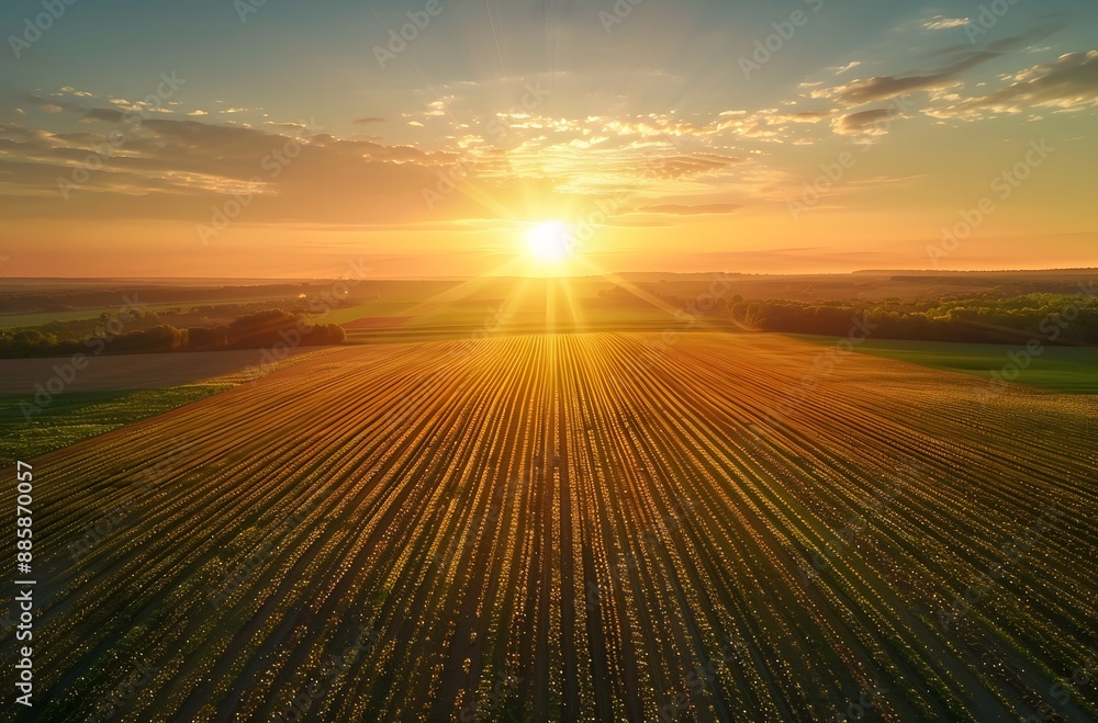 Sticker Golden Sunrise Over Field Rows At Sunset