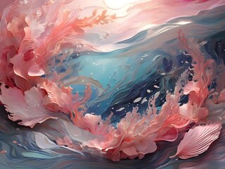 Obraz premium Vibrant pink ocean water, captured in mesmerizing digital art, swirls with gentle waves and subtle ripples, evoking a sense of serenity and wonder. Generative AI
