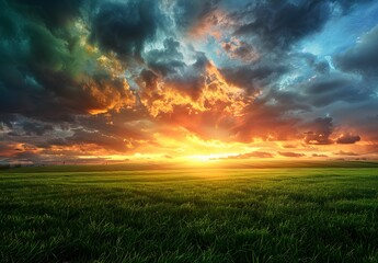 Obraz premium Golden Sunset Over Lush Green Field