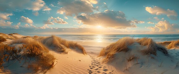 Sunrise Over Sandy Beach and Dunes in Northern Germany