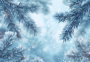 Winter Snowfall Background with Pine Branches