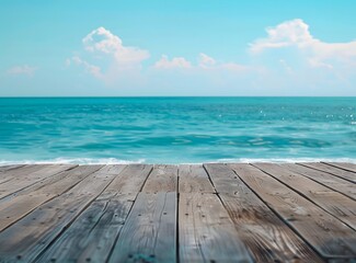 Obraz premium Wooden Deck Overlooking Ocean with Blue Sky