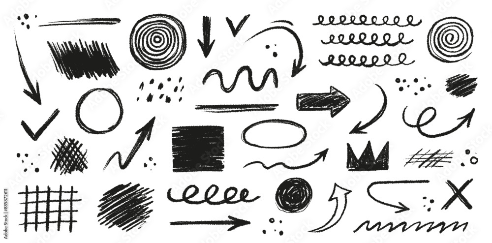 Poster arrow line hand drawn brush vector set. grunge square, spiral, arrow element scribble line brush han