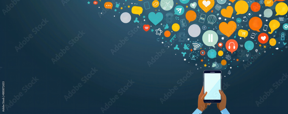 Aufkleber a person is holding a cell phone in front of a colorful background with many different icons. concep