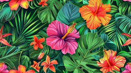 Tropical floral pattern, seamless, vibrant and exotic flowers, lush greenery, bold colors, pop art style, digital illustration, high contrast and eyecatching design