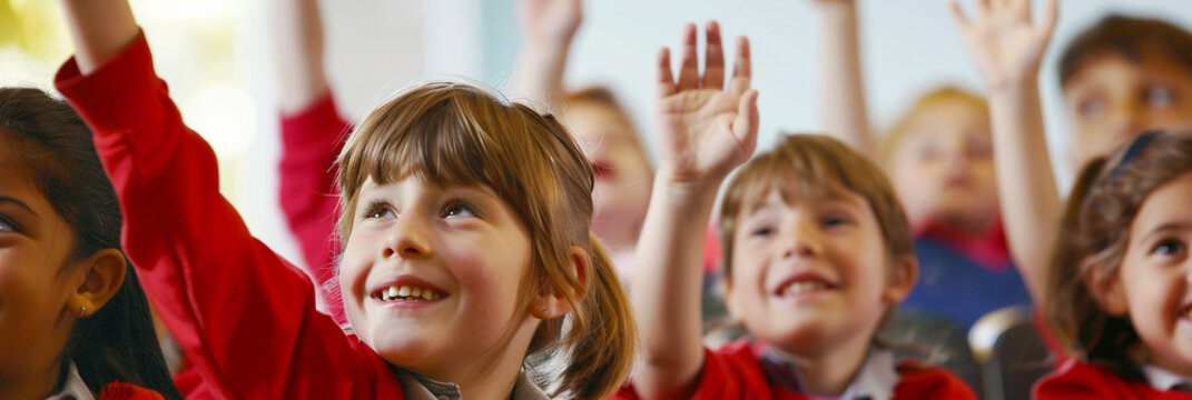Motivated primary school children attending a school class..