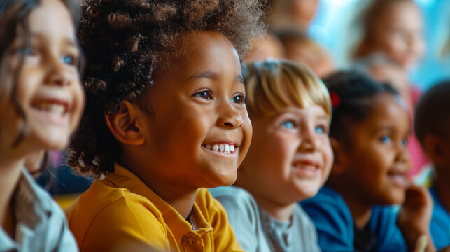 Motivated primary school children attending a school class..