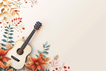 Acoustic guitar surrounded by autumn-themed floral decorations on a light background. Perfect for seasonal music events and autumn promotions.