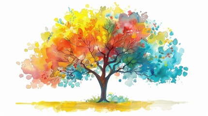 Beautiful watercolor painting of a tree with colorful leaves. Artistic representation of nature, vibrant blend of colors, abstract background.