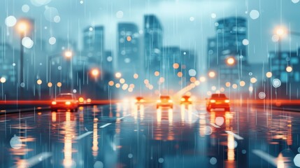 Obraz premium City street at night with rain, cars, and lights reflecting on the wet surface. Bokeh effect, urban atmosphere.
