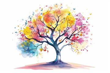 Fototapeta premium Colorful watercolor painting of a vibrant tree with splashes of blue, yellow, and pink hues, representing life and nature's beauty.