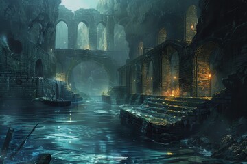 Ancient underground city flooded with water and mysterious glowing crystals