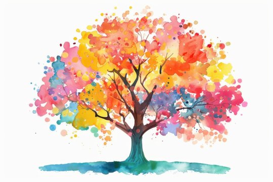 Fototapeta Colorful watercolor tree illustration with vibrant hues and artistic splashes, perfect for creative designs and nature themes.