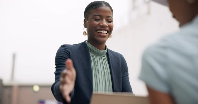 Business, delivery and black woman with tablet by courier for dropshipping, exchange and signature. Ecommerce, b2b service and people with package for cargo, receiving and approval of digital receipt