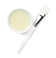 Bowl of chemical peel and brush isolated on white, top view. Peeling procedure