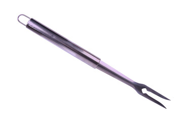 Metal fork with two prongs for barbecue cooking. It has a cylindrical handle and a loop at the end for hanging or holding. The utensil is typically used for holding meat steady while carving.