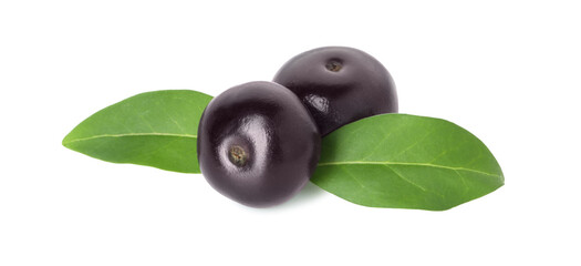 Fresh ripe acai berries and green leaves isolated on white
