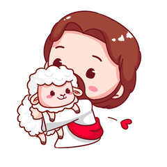 Cute Jesus Hugs a Lamb Cartoon Vector. Christianity Religion Concept Design. Adorable Chibi Jesus Christ Character Illustration. Isolated White Background.