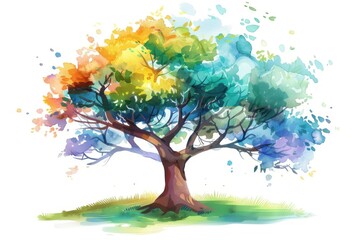Vibrant watercolor tree painting with a colorful canopy on a white background, symbolizing creativity and nature's beauty.
