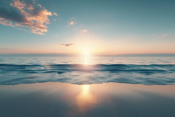 Obraz premium Stunning sunset over a calm ocean, with gentle waves and a clear sky, reflecting on the water's surface. Ideal for serene coastal imagery.