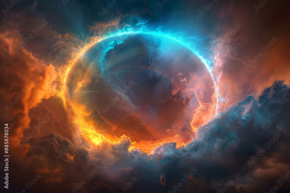Poster fascinating neon halos emerge in vibrant orange and blue clouds, creating a stunning visual display 