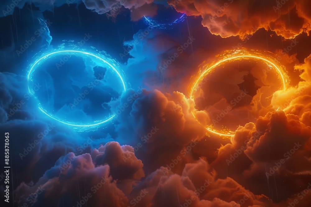 Poster fascinating neon halos emerge in vibrant orange and blue clouds, creating a stunning visual display 