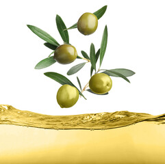 Green olives and leaves falling into cooking oil on white background