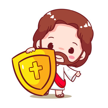 recommend clip art: Cute Jesus Holding Shield Cartoon Vector. Christianity Religion Concept Design. Adorable Chibi Jesus Christ Character Illustration. Isolated White Background.