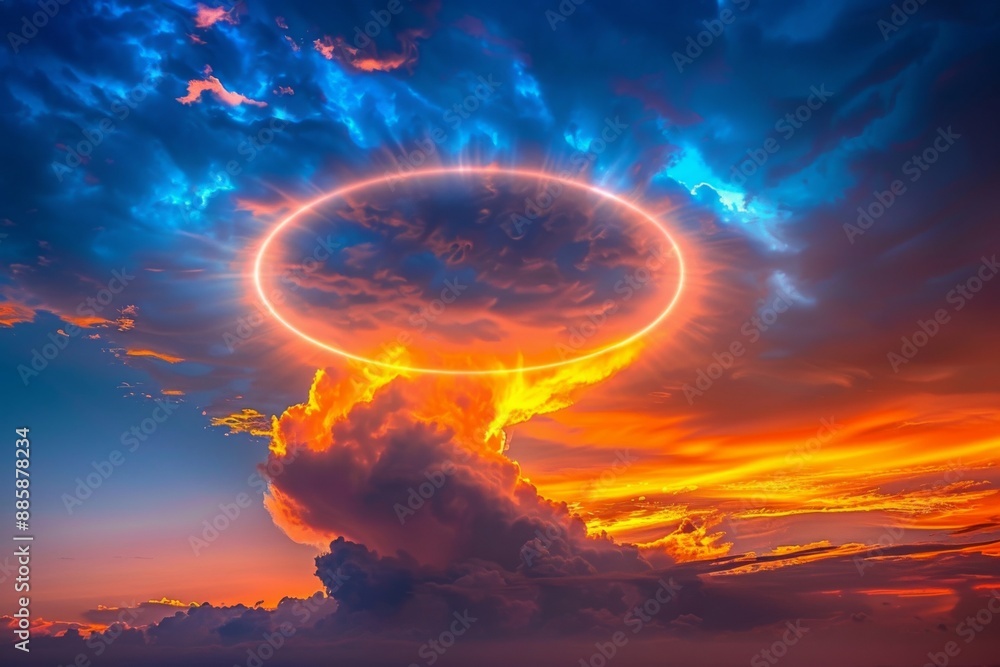 Poster fascinating neon halos emerge in vibrant orange and blue clouds, creating a stunning visual display 