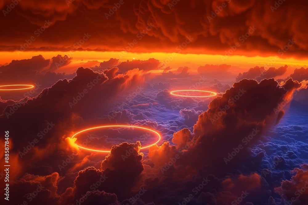 Poster fascinating neon halos emerge in vibrant orange and blue clouds, creating a stunning visual display 
