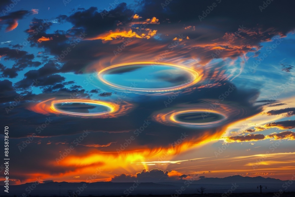 Poster fascinating neon halos emerge in vibrant orange and blue clouds, creating a stunning visual display 
