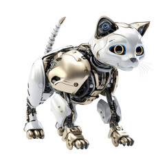 an illustration of a cat robot, side view, with soft glowing yellow eyes