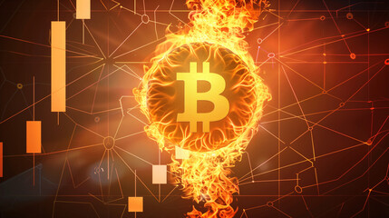 A glowing Bitcoin symbol is engulfed in flames, set against a dark background with a network of orange lines and nodes, representing blockchain technology. 