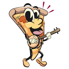 character of a slice pizza cartoon vector isolated clip art mascot illustration playing the banjo musical instrument, work of hand drawn