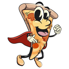 character of a slice pizza cartoon vector isolated clip art mascot illustration as flying superhero wearing a robe, work of hand drawn