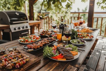 A backyard table set with grilled meats, fresh vegetables, and salads, as happy people dance and celebrate joyfully on the porch to lively music.