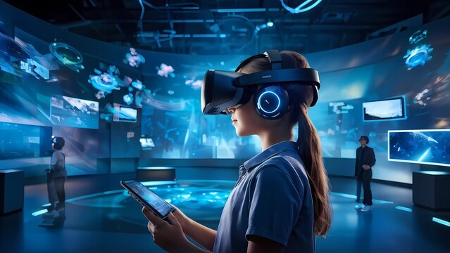 Generative AI. School student with VR headset using AI artificial intelligence technology & machine learning. Interactive technology in classroom. Innovation & smart tech. AI blue hologram in educatio